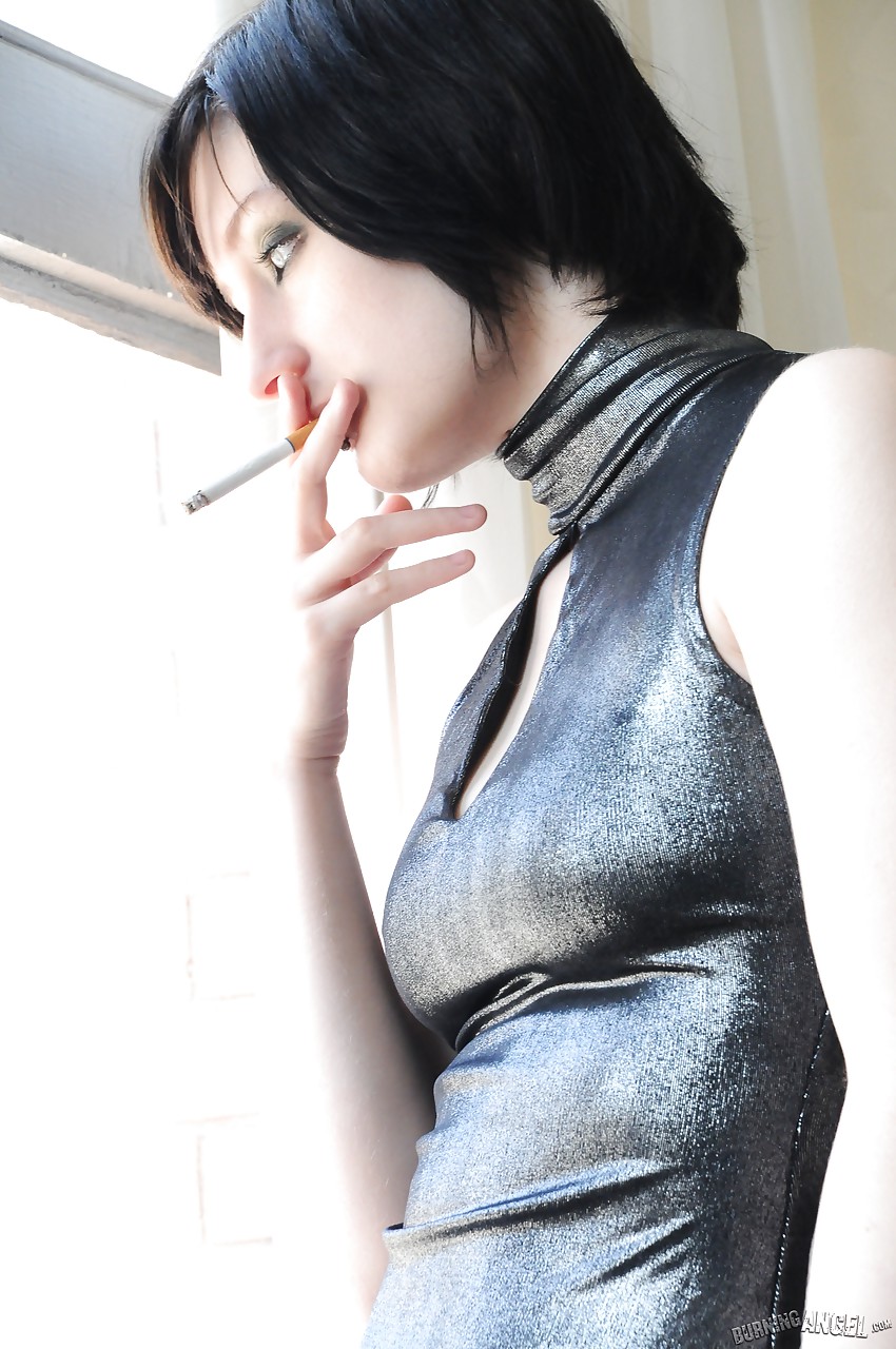 Tattooed brunette Violet Monroe smoking cigarette while flashing underwear #51974996