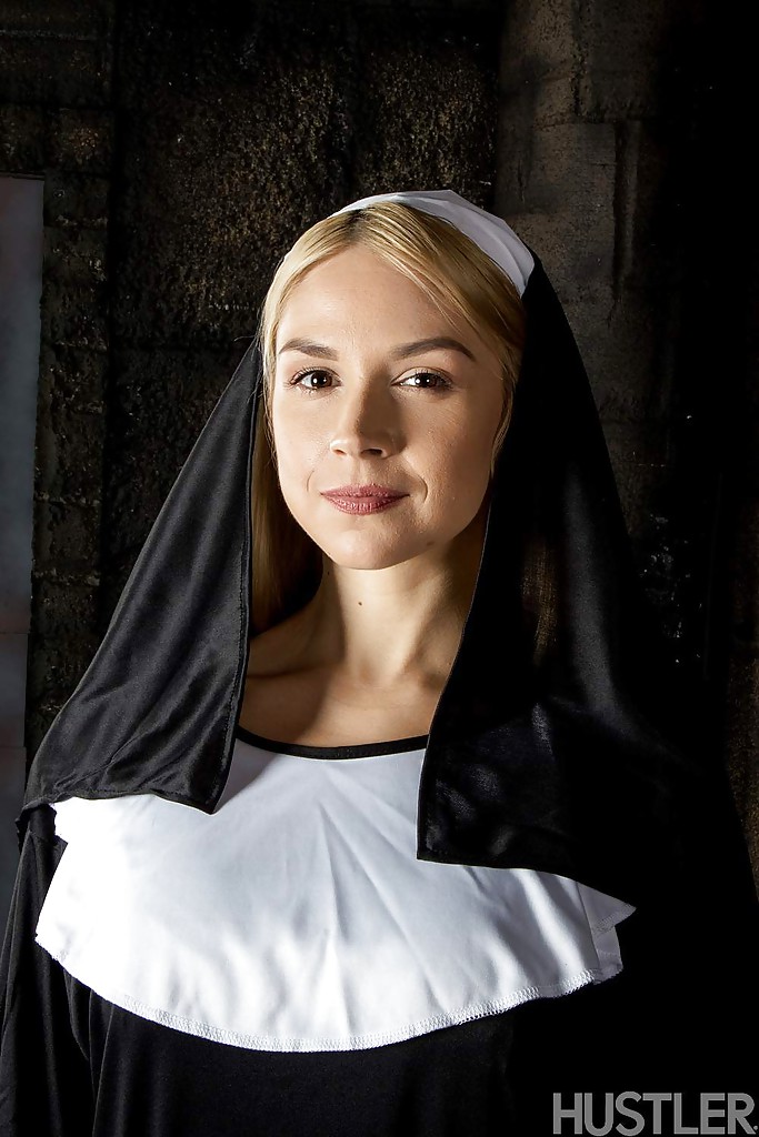 Blonde babe Sara Sloane strips off nun's uniform to expose big tits #50363370
