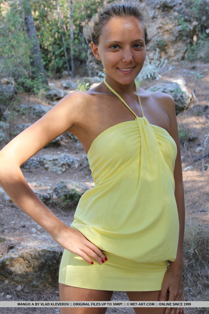 Cute teen Mango A in mini dress spreading outdoors for closeup of bald twat #51946828