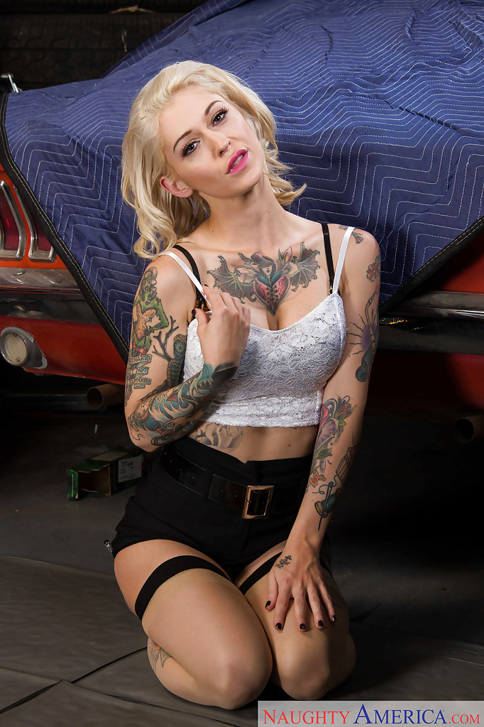 Tattooed blonde punk Kleio Valentien spreading pussy on top of muscle car #54632162