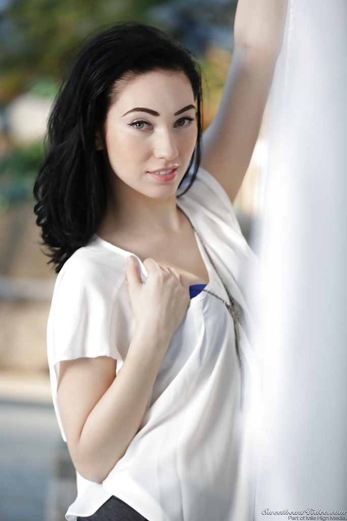 Petite brunette babe Aria Alexander posing fully clothed outdoors #51363818
