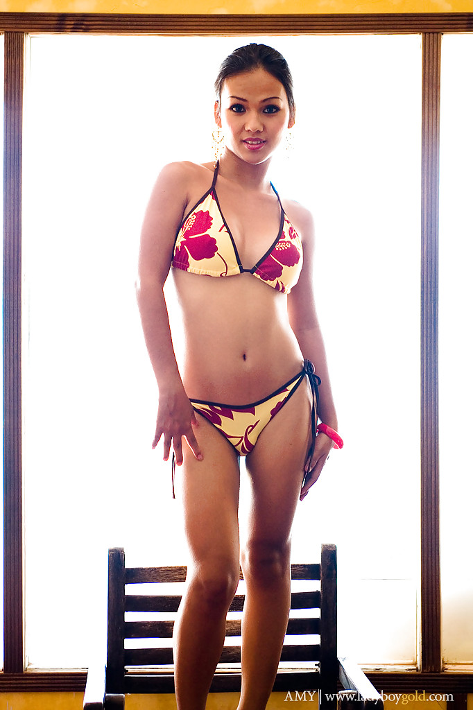 Horny Asian tranny Amy taking of her hot bikini and spreading #51226184