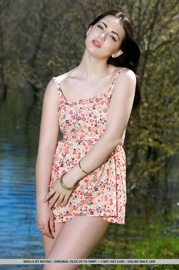 Une jeune femme brune se débarrasse d'une robe d'été en plein air pour des photos glamour d'adolescentes.
 #50661801