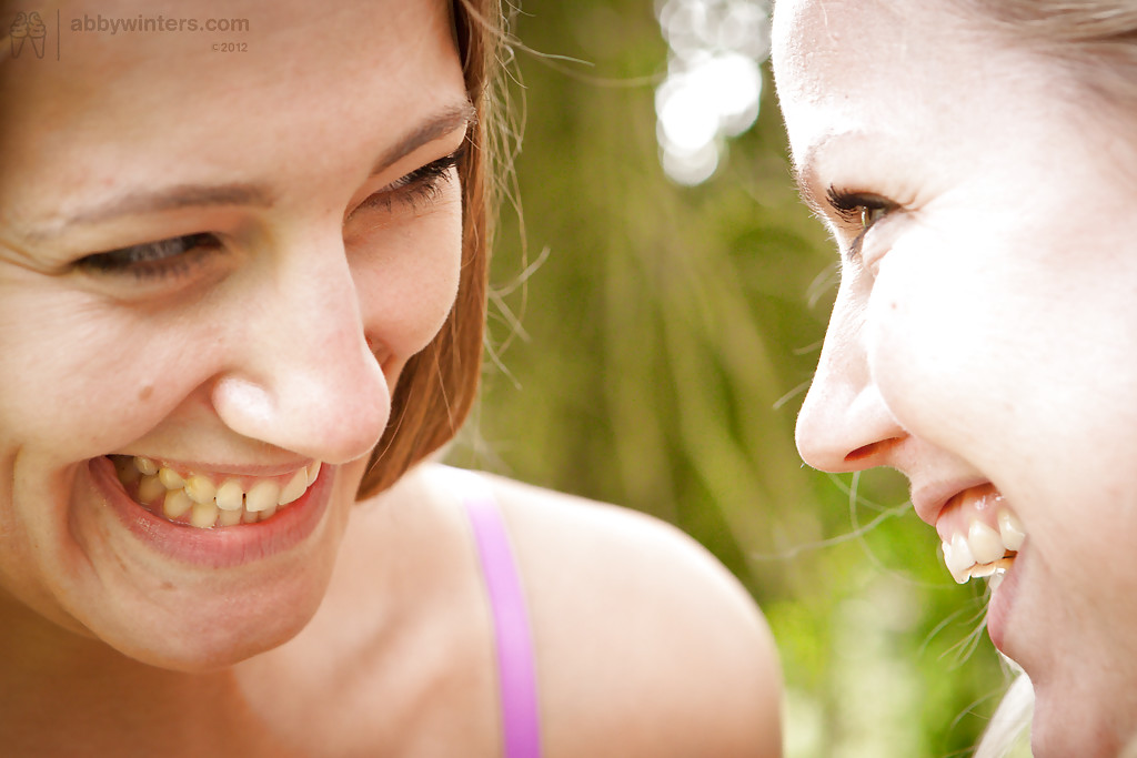 Blonde lesbians Marleen S and Misha share sexy tongue kiss outdoors #52313048