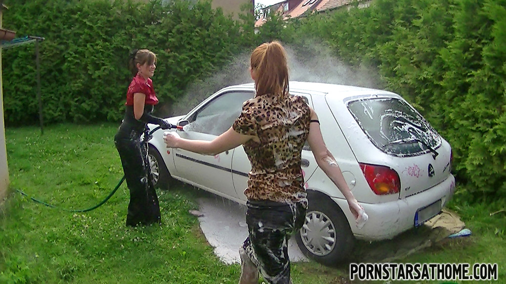 Naughty pornstars have some wet fully clothed car washing fun outdoor #54711033