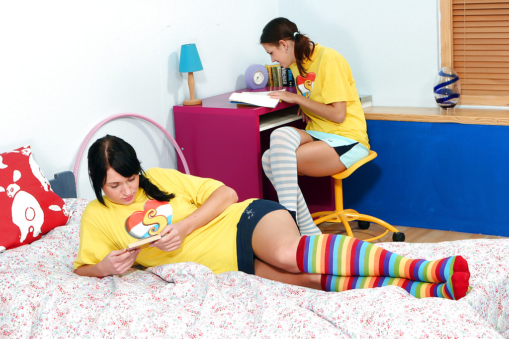 D'adorables jeunes brunes font de l'action lesbienne sur le lit.
 #52132814
