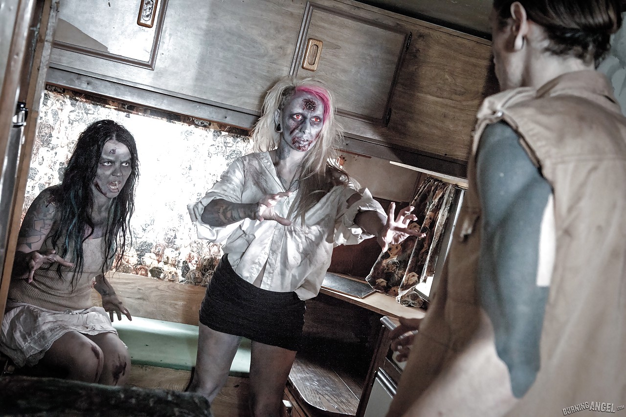 Fetish models Brittany Lynn and Jessie Lee giving head in Zombie threesome #53062348