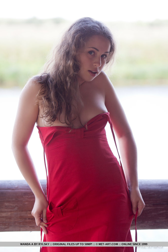 Cute brunette teen in a sexy red dress Wanda spreads her hairy pussy #52295136