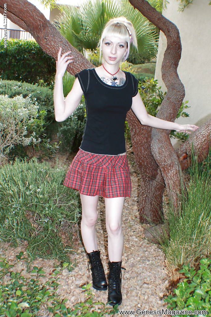 Tattooed blonde girl Symone posing non nude outdoors in pleated skirt #51364365