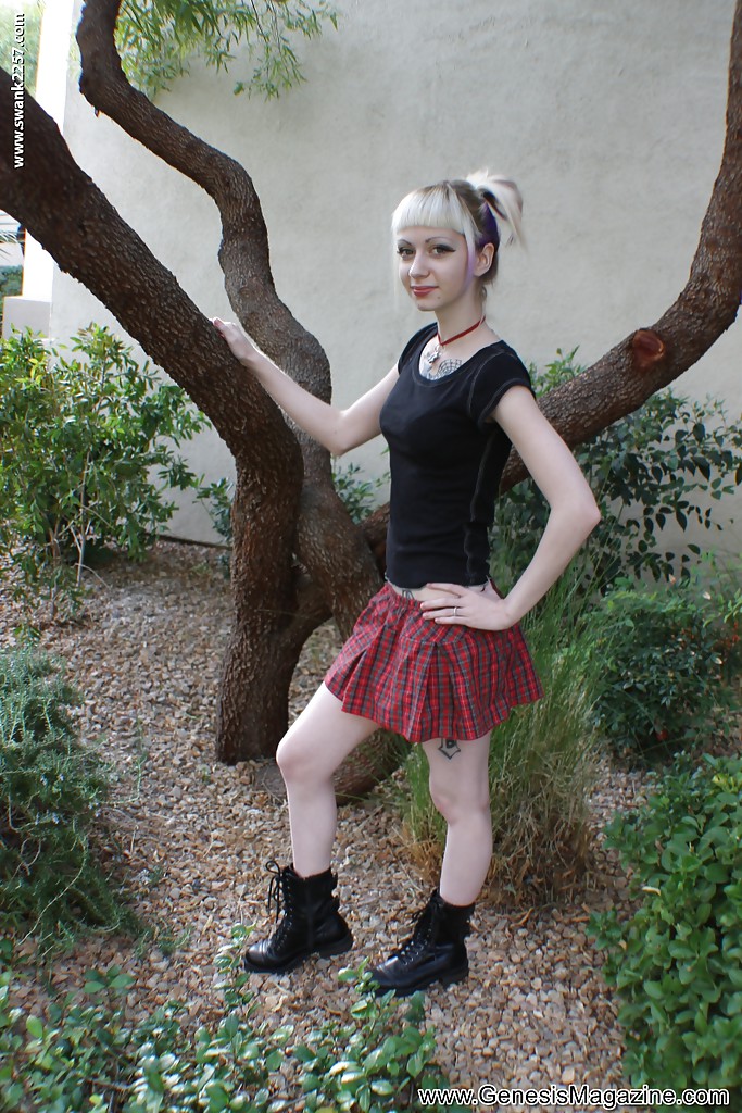 Tattooed blonde girl Symone posing non nude outdoors in pleated skirt #51364388