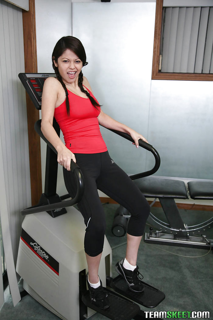 Sporty latina with pigtails Evie Dellatossa stripping in the gym #52409640