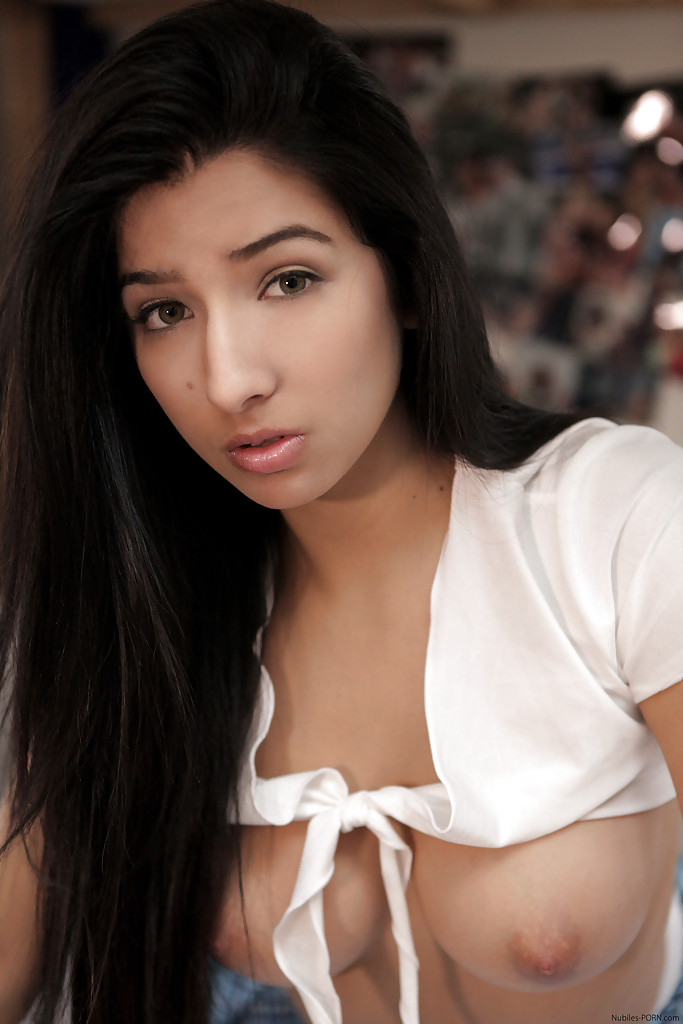 Latina lesbian Megan Salinas poses her shaved teen pussy close up #52326700