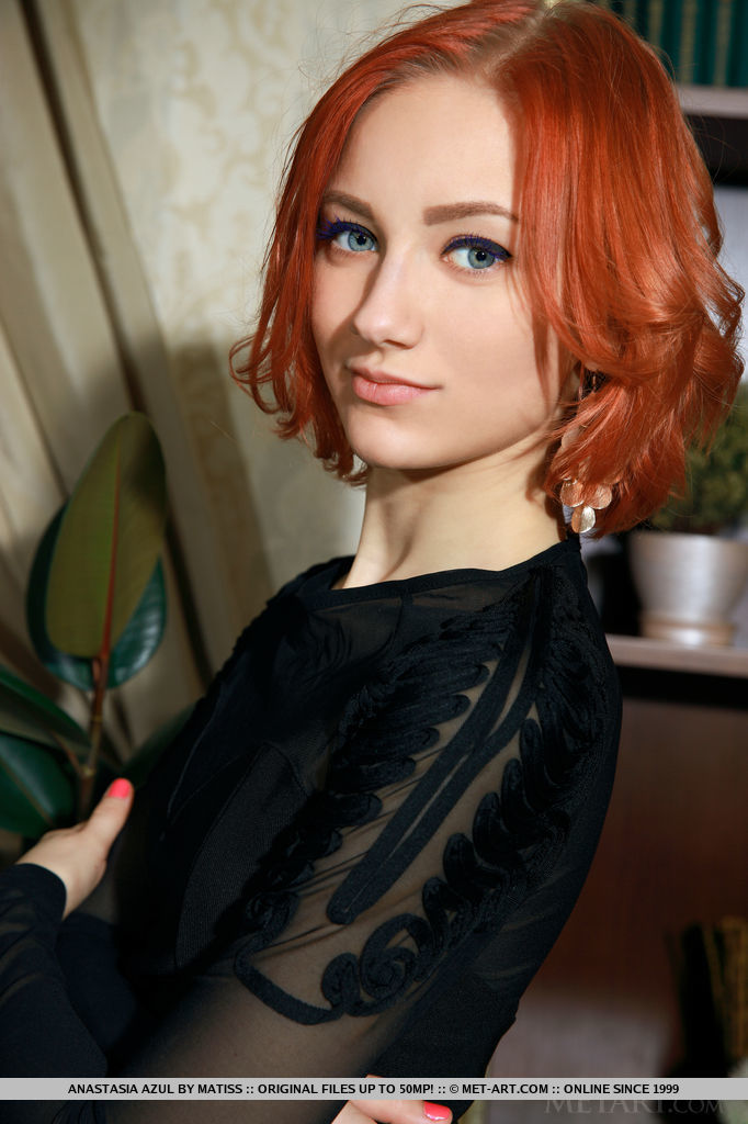 Skinny redhead babe Anastasia Azul revealing tiny teen tits for glam photos