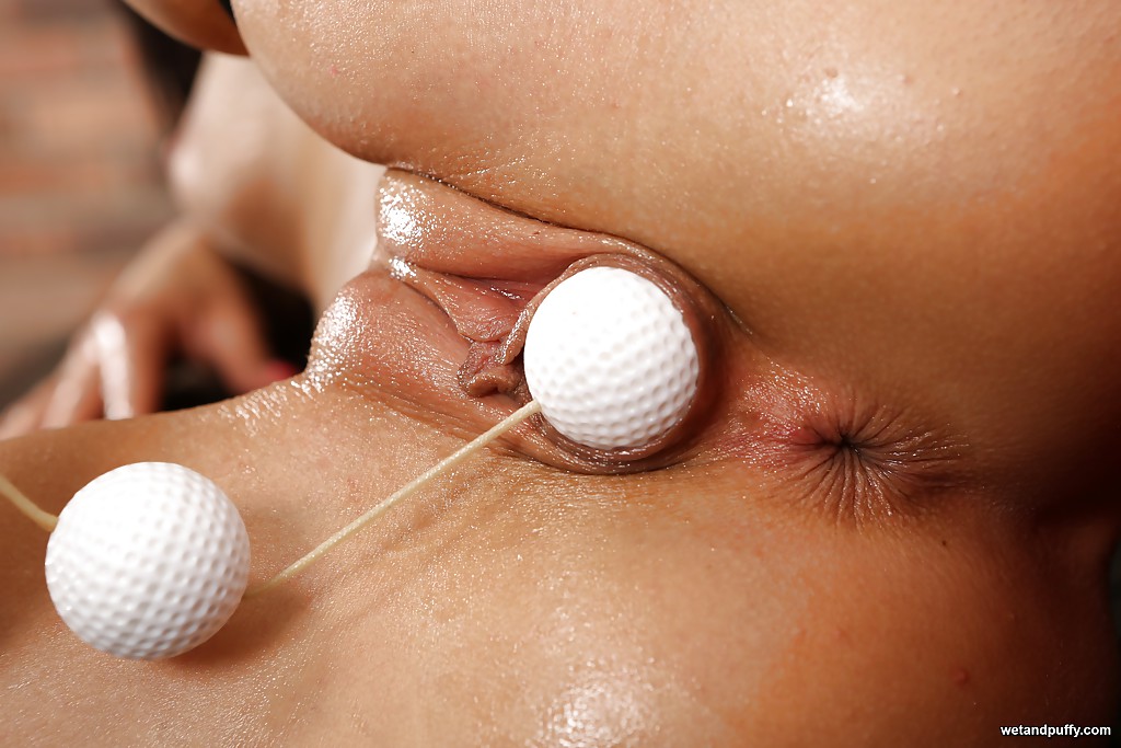 Brunette chick July Sun pulling golf balls out of wide open vagina #52129033