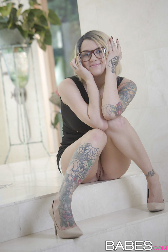 Inked babe in glasses revealing shaved pussy after shedding dress #50211420