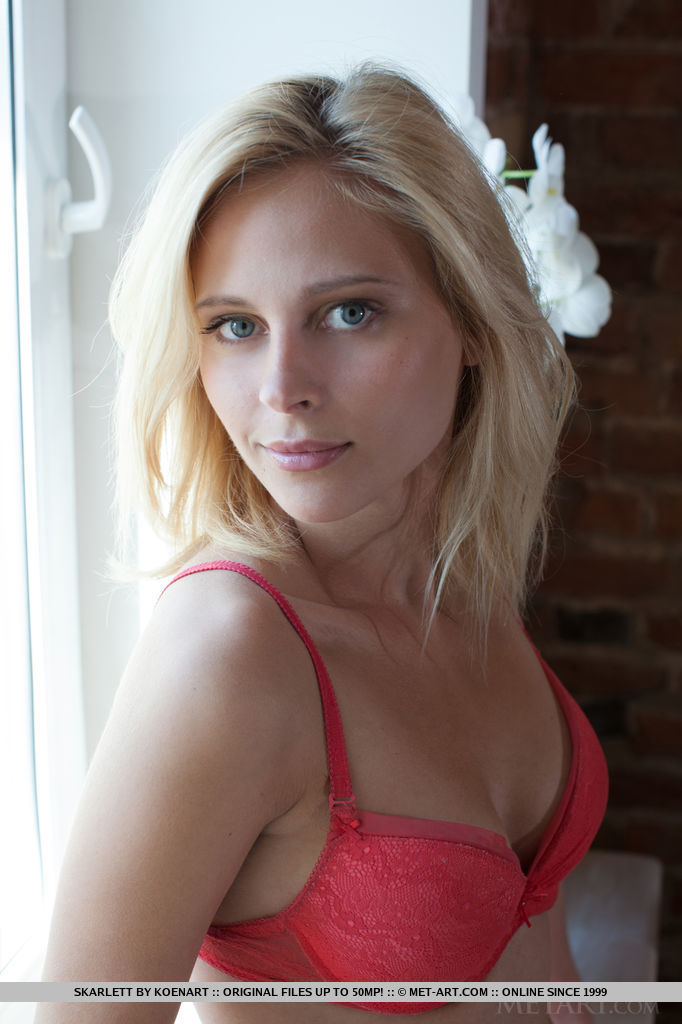 La jolie blonde Skrlett se déshabille de sa lingerie rouge sexy.
 #50208348