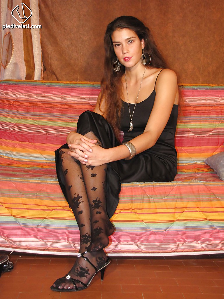 Cute brunette foot fetish lady Carla showing her black stockings #51370235
