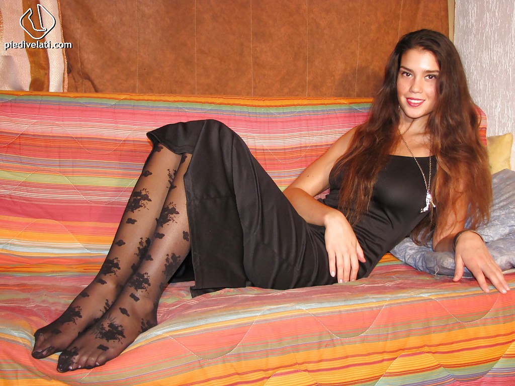 Cute brunette foot fetish lady Carla showing her black stockings #51370244