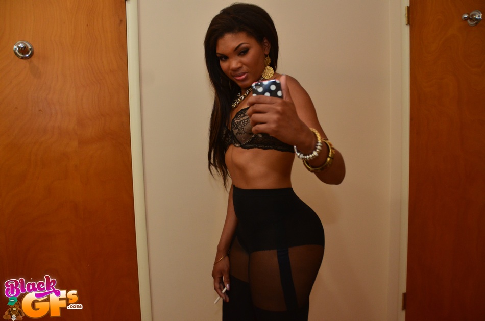 Sexy ebony solo model Genesis taking self shots in pantyhose and bra #51845783
