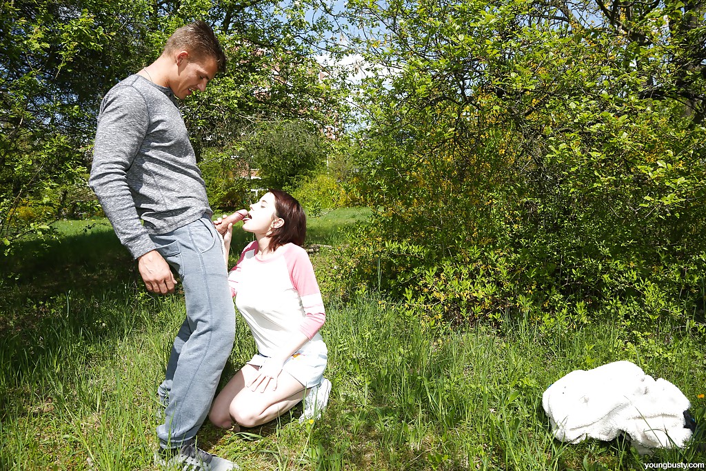 Junge und vollbusige Teenagerin Anabelle gibt Outdoor-Handjob und Blowjob
 #51419412