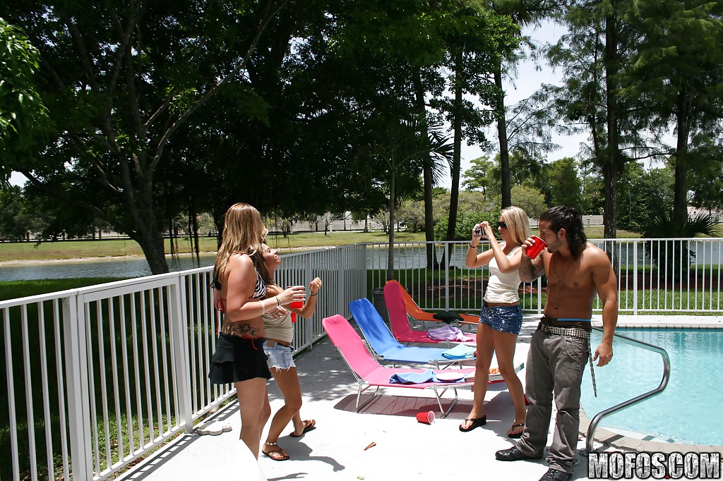 Frolic ladies in bikini flashing their knockers on the pool occasion