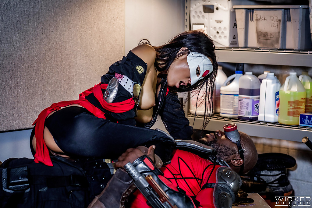 Masked Asian chick Asa Akira getting fucked by black dude in biker gear #50053014