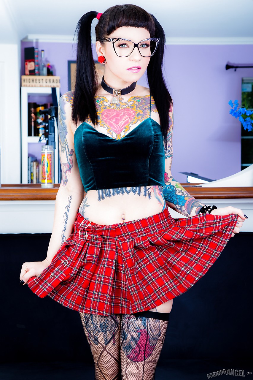 Tattooed Necro Nicki in pigtails & short skirt on knees showing tight ass #52154959