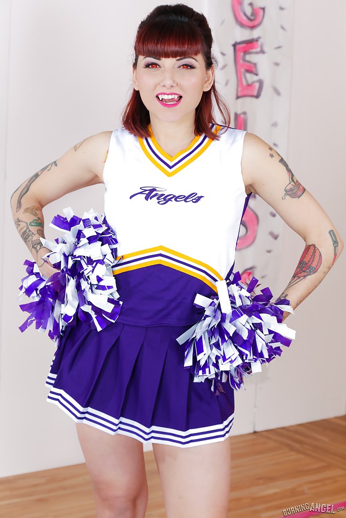 Tattooed schoolgirl cheerleader undresses for bald cunt spreading #50315153