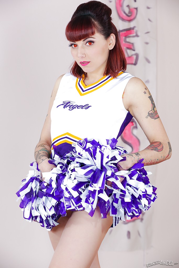 Tattooed schoolgirl cheerleader undresses for bald cunt spreading #50315158