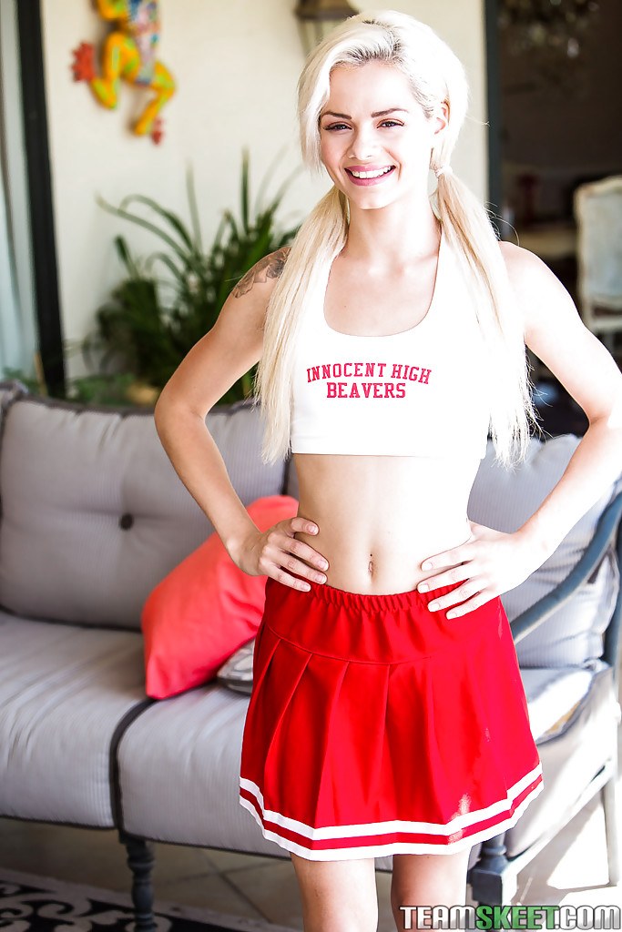 Blonde teen Elsa Dream hiking cheerleader uniform to flash shaved cunt #50295561