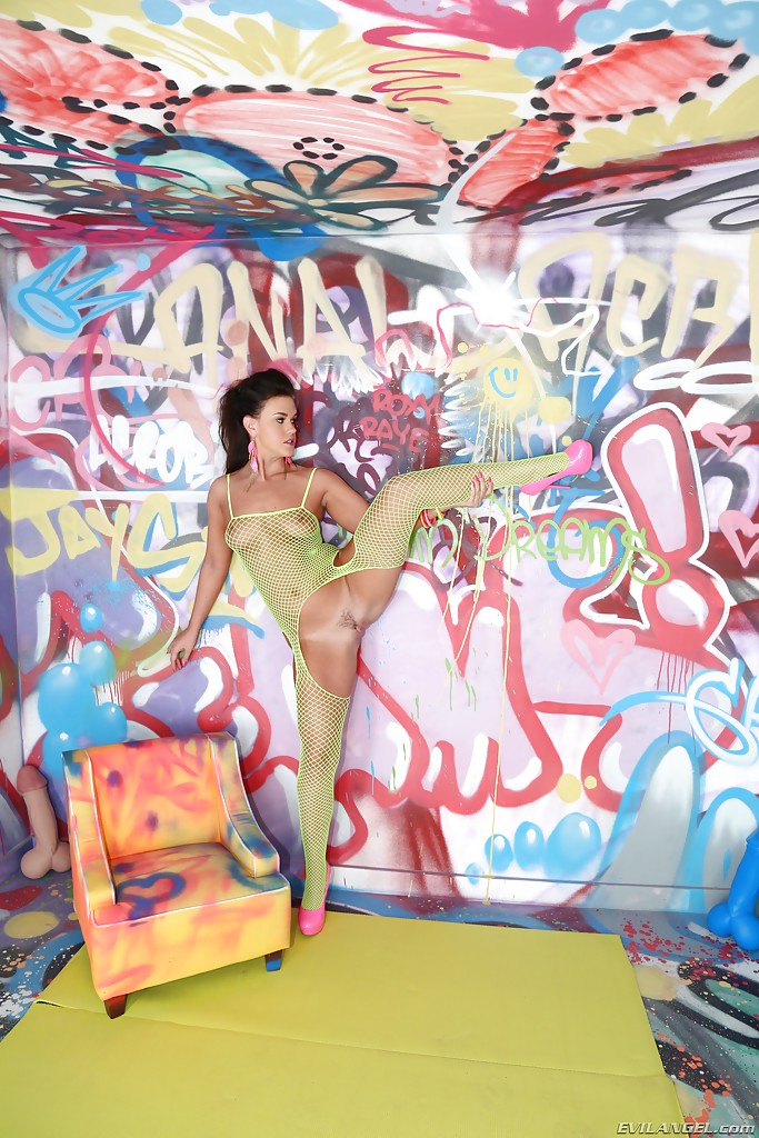 Brunette model Roxy Raye posing solo in ripped mesh bodystocking #55390772