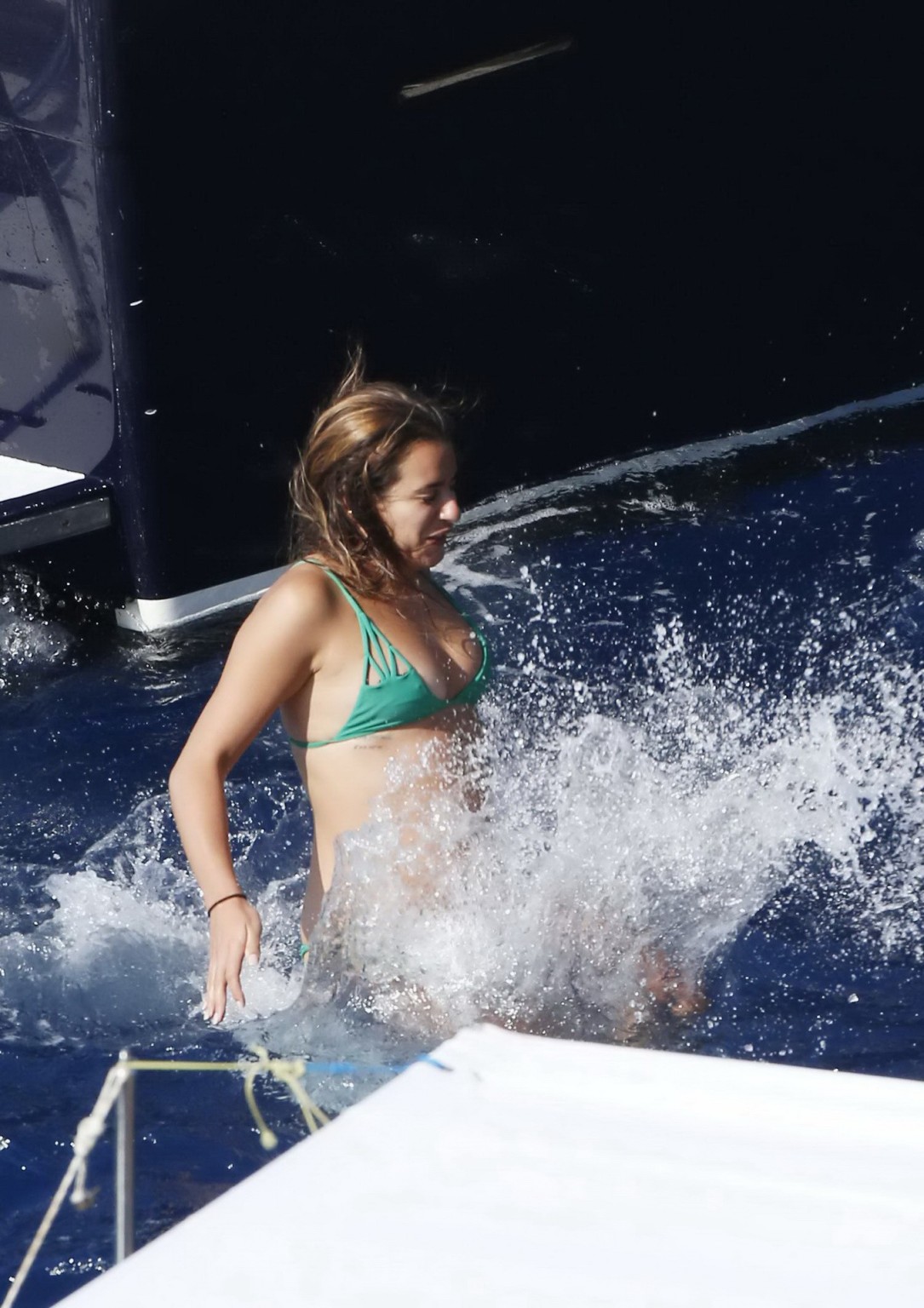 Lea Michele nipple slip from her tiny green bikini on the boat during a vacation #75189831