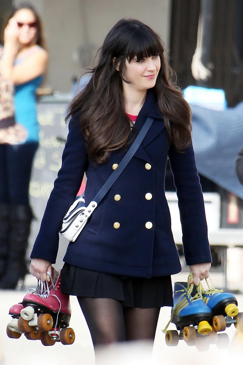 Zooey Deschanel upskirt while cycling in mini skirt  pantyhose on the 'New Girl' #75278416