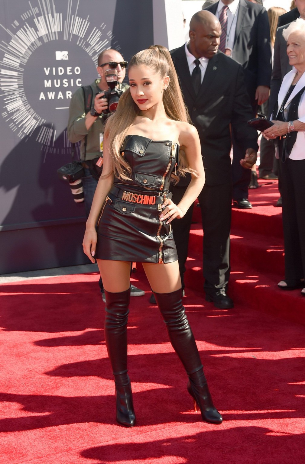 Ariana Grande wears black leather mini dress and fuckme boots at 2014 MTV VMA #75187757