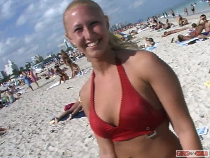 Blonde in a red bikini flashes her big titties #72321067