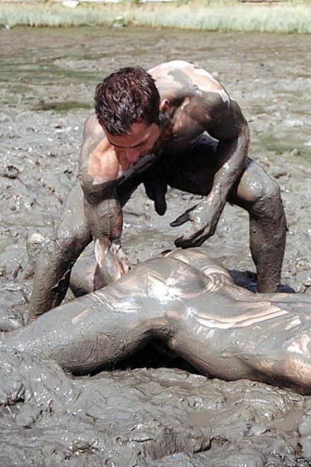 Two muscle dudes outdoor wrestling and pounding in the dirt #76959956