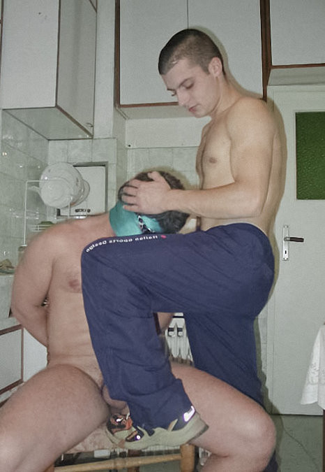 A fresh stud sucking and peeing on a stout bear in a kitchen #76939943