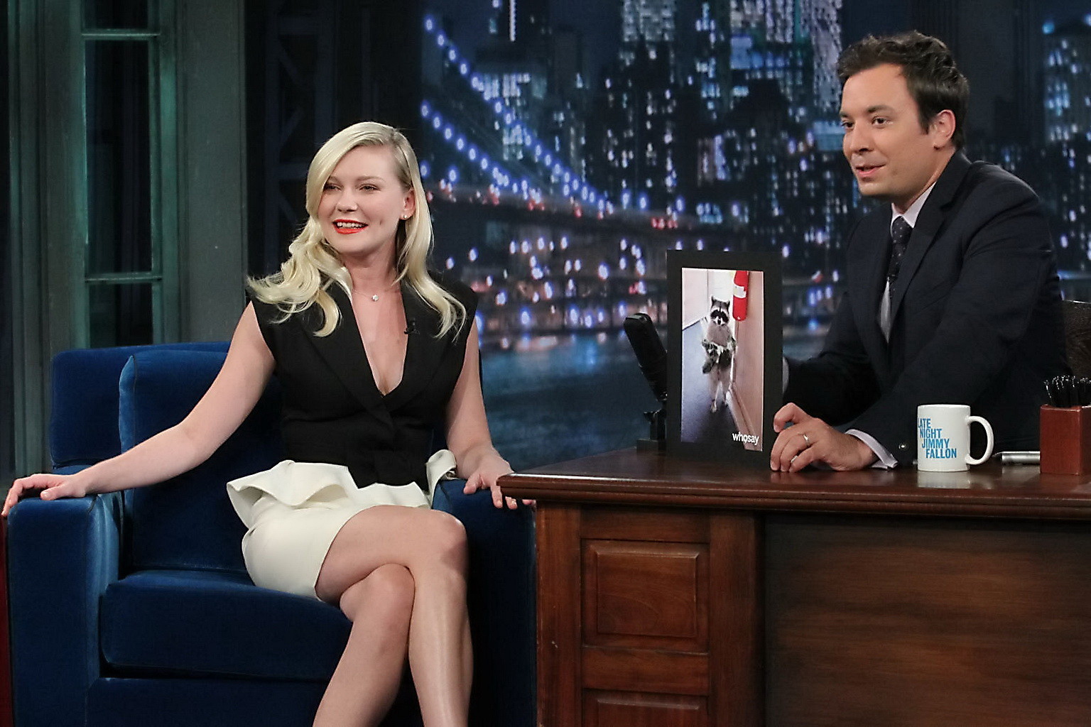 Kirsten Dunst upskirt and showing big cleavage at Late Night with Jimmy Fallon #75253367