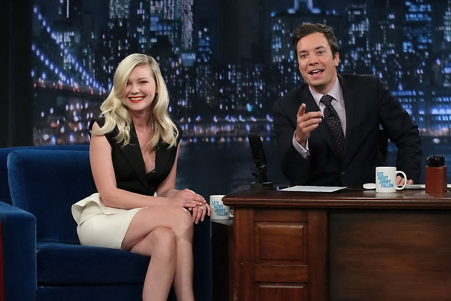 Kirsten Dunst upskirt and showing big cleavage at Late Night with Jimmy Fallon #75253375