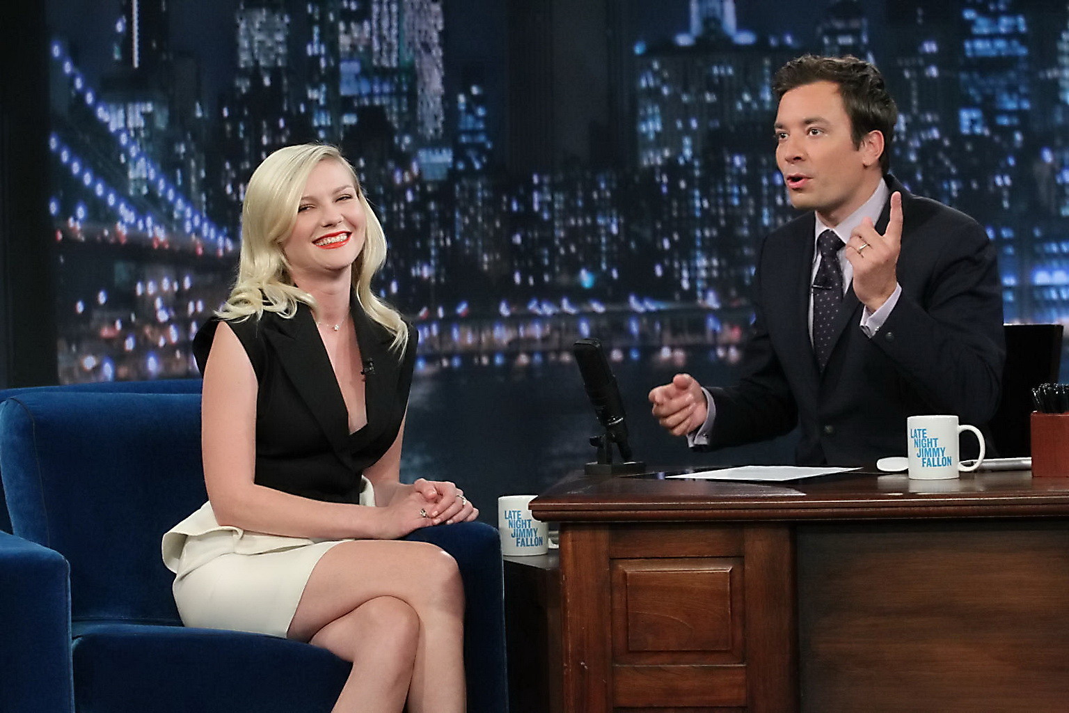 Kirsten Dunst upskirt and showing big cleavage at Late Night with Jimmy Fallon #75253381