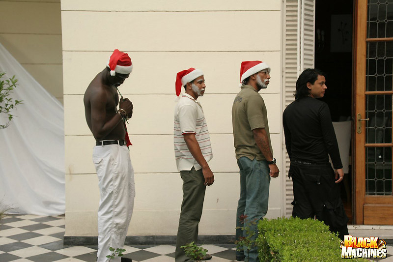 Three black Santas put their huge cocks to work turning Latin guys mouth and ass #76958394