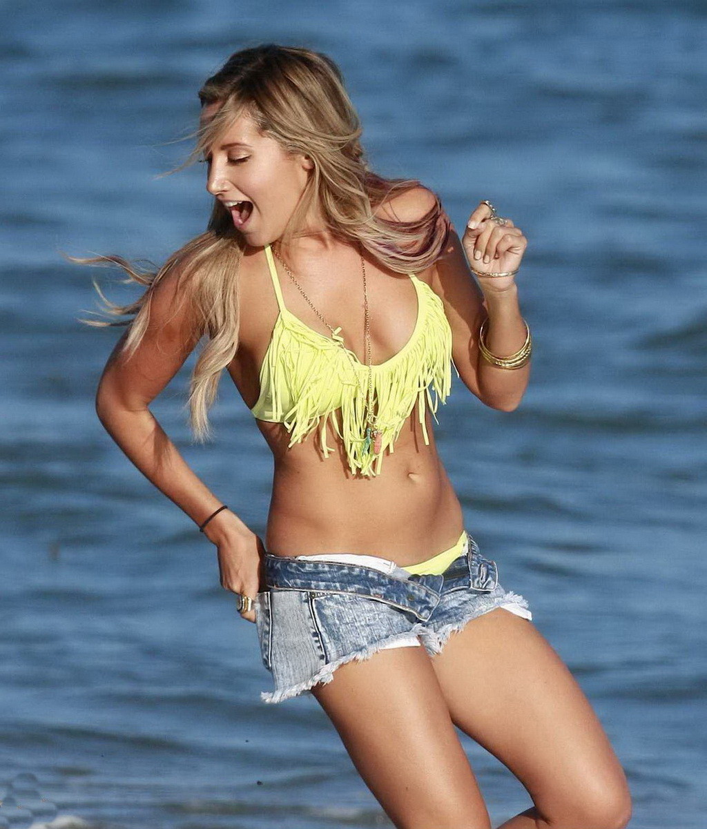 Ashley Tisdale busty in bikini top  unbuttoned hot pants celebrate her birthday 