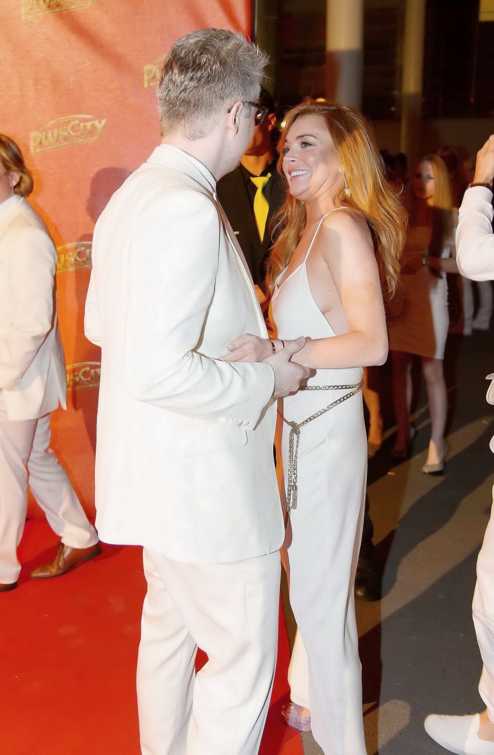Lindsay Lohan braless shows sideboob in a sexy white dress at The White Party in #75189346
