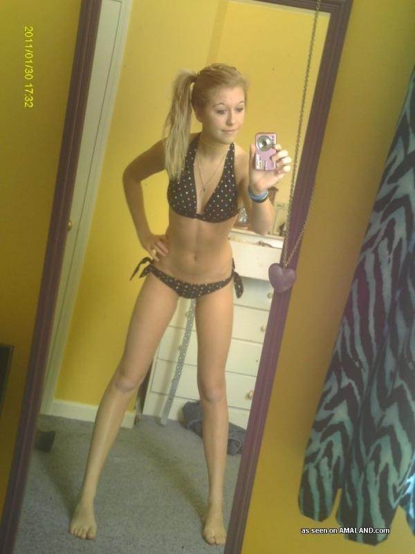 Blonde teen chick modeling bikinis while self-shooting #75696956
