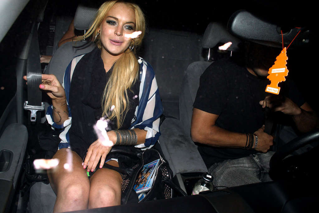 Lindsay Lohan leggy in mini skirt and upskirt in car and topless #75345728