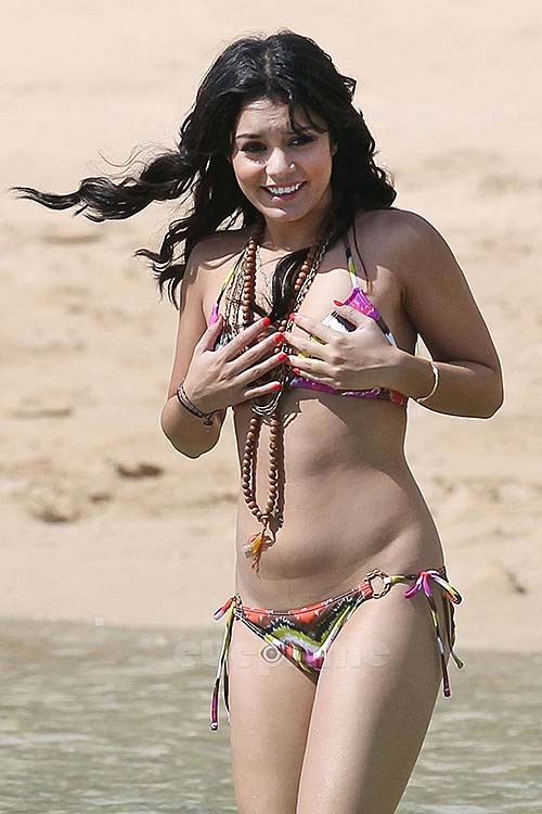 Vanessa Hudgens covering her huge boobs with hands on beach #75275093