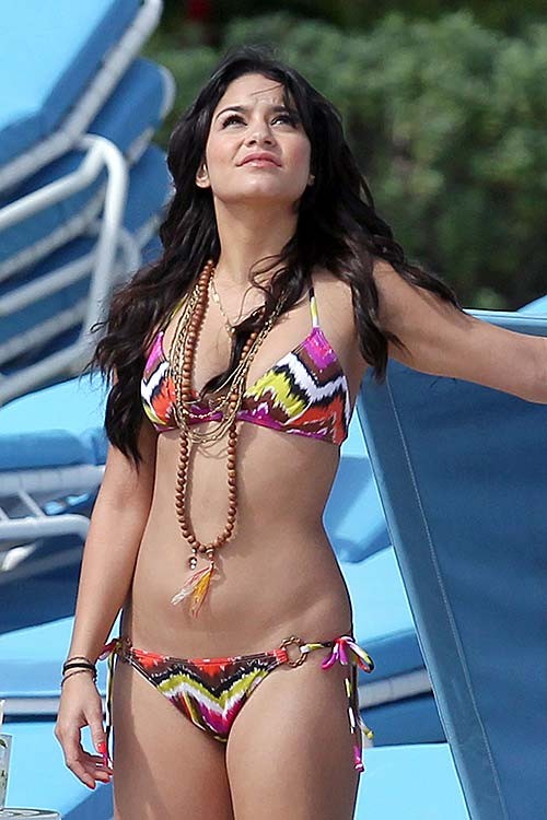 Vanessa Hudgens covering her huge boobs with hands on beach #75275115