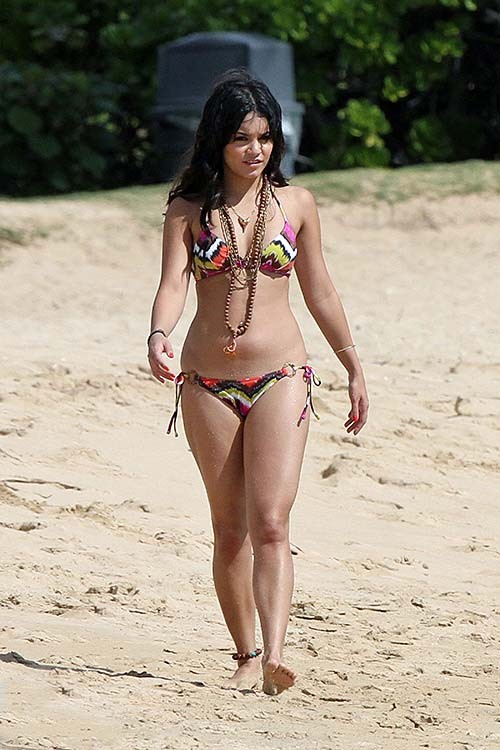 Vanessa Hudgens covering her huge boobs with hands on beach #75275141