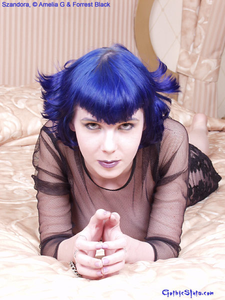 Szandora gothique aux cheveux bleus dans une robe en dentelle transparente
 #73233584