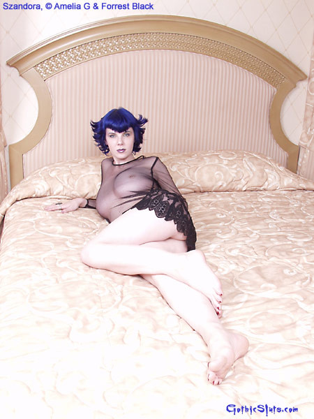 Blue haired goth Szandora in see through lace dress #73233617